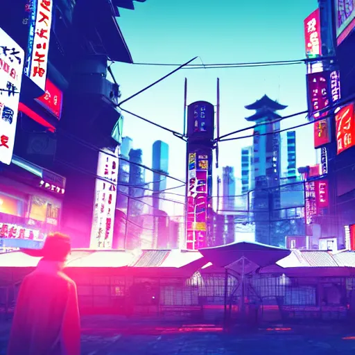 Image similar to market in japan, cyberpunk style, big mecha - bot in center of field on first plan, bright neon signs, sunny weather, octane render, 3 d render, hard surface, trending on artstation, featured on pixiv, hyper - detailed, hd, hdr, 4 k, 8 k