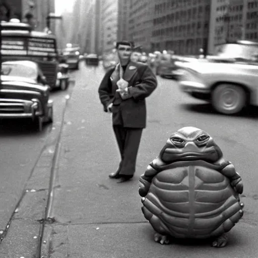 Image similar to Beautiful Portrait Photograph from 1950s of a ninja turtle in the middle of a New York street,