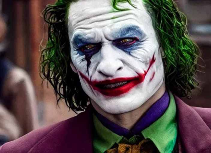 Image similar to film still of ezra miller as the joker in the new batman movie, 4 k