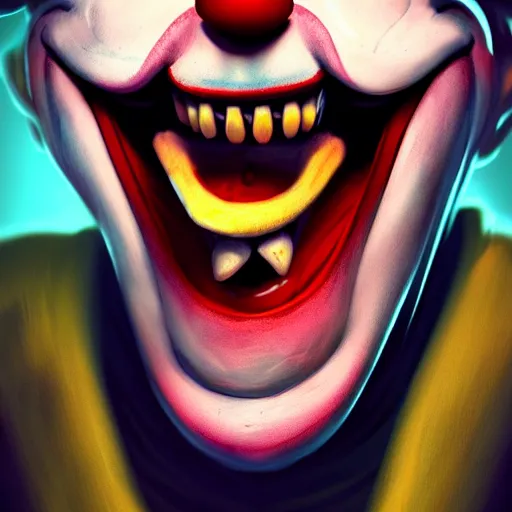 Image similar to a scary clown laughing, directed gaze, full - body and head view, highly detailed, zeronis style, artstation, soft light, sharp focus, illustration, character design, concept art