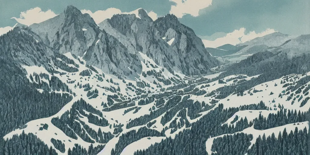Image similar to beautiful idyllic poster illustration for a craggy snow valley national park, no trees, by ludwig hohlwein