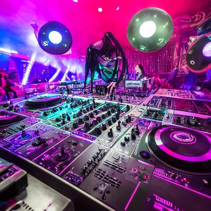 Image similar to award winning photo of an octopus! as a dj with tentacles! simultaneously placed turntables cdjs and knobs of a pioneer dj mixer. sharp, blue and fuschia colorful lighting, in front of a large crowd, studio, medium format, 8 k detail, volumetric lighting, wide angle, at an outdoor psytrance festival main stage at night