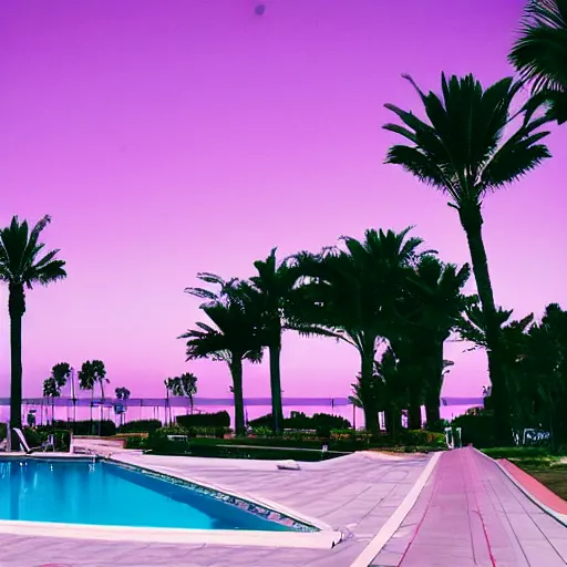 Prompt: hotel california, motel, swimmingpool, sunset, palms, beach, sunset, vaporwave, pink, blue, green, purple, aesthetic.
