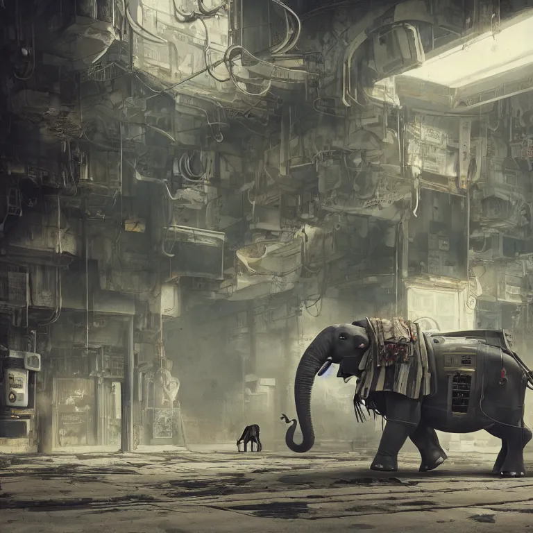 Image similar to a robotic elephant walking through an abandoned gas station in the style of howl's moving castle, 7 0's science fiction comics and enki bilal, cyberpunk, mystical, 8 k, high definition, realism, octane render, cinematic lighting