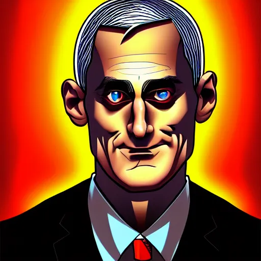 Prompt: digital portrait of secretary of denis mcdonough face with solid glowing eyes, cover art of graphic novel, evil laugh, menacing, Machiavellian puppetmaster, villain, simple style, solid colors, clean lines, clean ink, trending on artstation