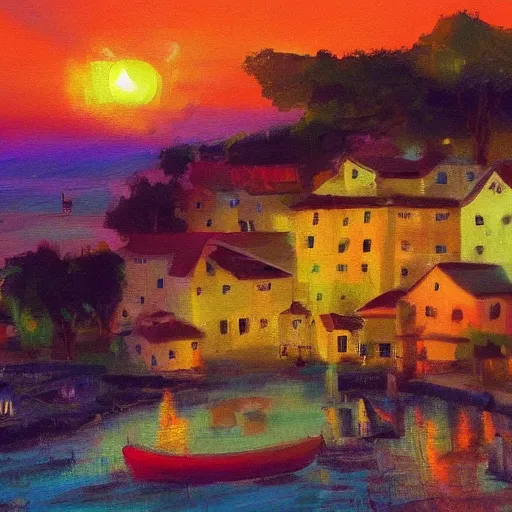 Image similar to sunset on a village by the sea, colorful, trending on artstation