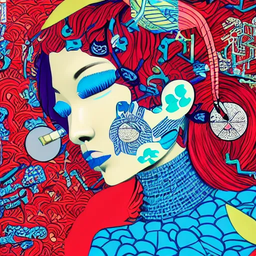 Image similar to pharmaceutical drugs by tristan eaton and james jean, chiho aoshima color scheme