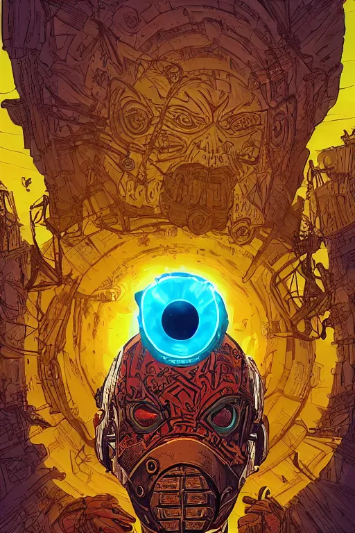 Image similar to tribal vodoo mask eye radiating a glowing aura global illumination ray tracing hdr fanart arstation by ian pesty and katarzyna da „ bek - chmiel that looks like it is from borderlands and by feng zhu and loish and laurie greasley, victo ngai, andreas rocha, john harris wooly hair cut feather stone