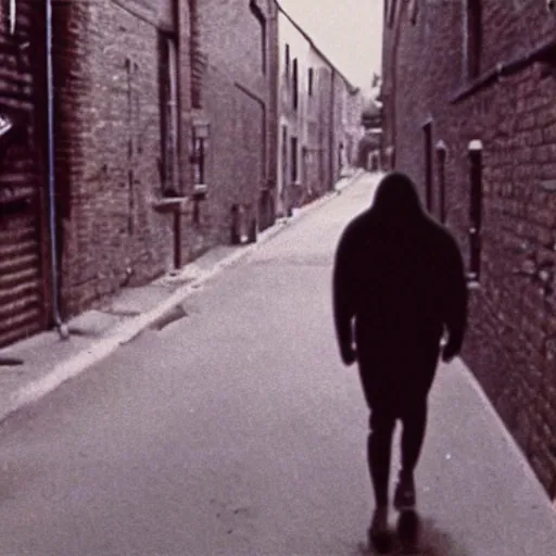 Prompt: vhs footage of a hooded creature in an alleyway approaching the camera