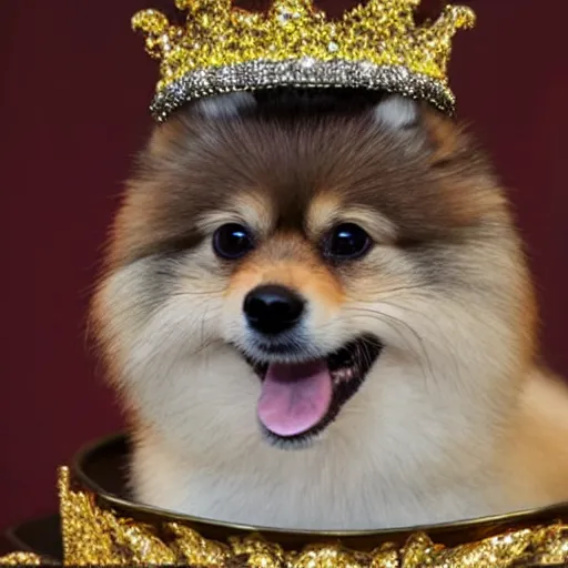 Prompt: photo of a pomeranian wearing a crown