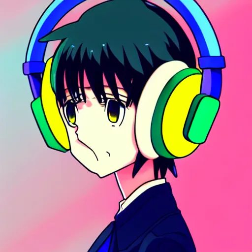 Image similar to An anime character's head wearing retro headphones. 90s anime, Sailor Moon, Neon Genesis, official art, flat cell shading, fantastic screenshot art, trending on artstation, muted nostalgic colors