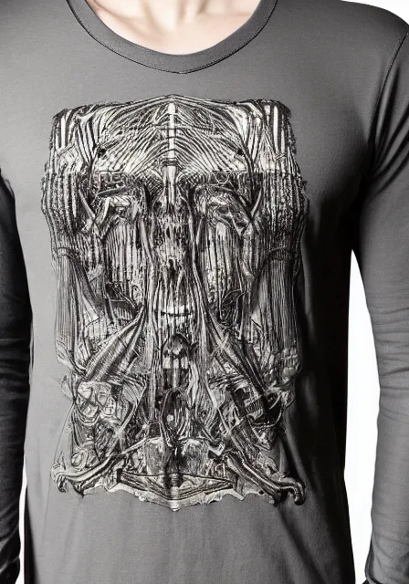 Prompt: henley tshirt inspired by h. r. giger designed by alexander mcqueen