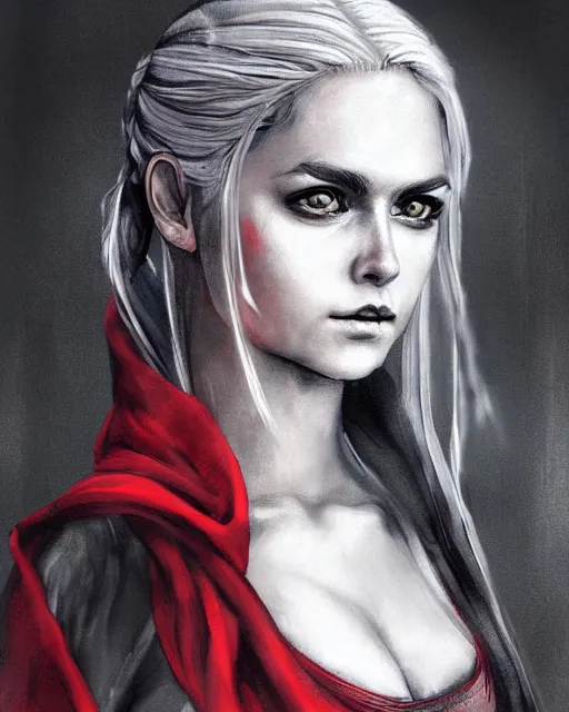 Prompt: Cirilla of Cintra, grunge painting portrait by WLOP, black red ink smoke