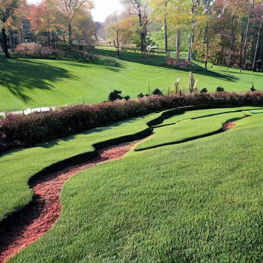 Prompt: the terrace lined the top of a crest, a perfect lawn sloping shallowly downward on all sides. Not quite steep enough to sled down in the winter, but the kind you'd lie back on and look at stars. A few dozen paces down the far end sat a series of bushes in the mulch, and blah blah blah