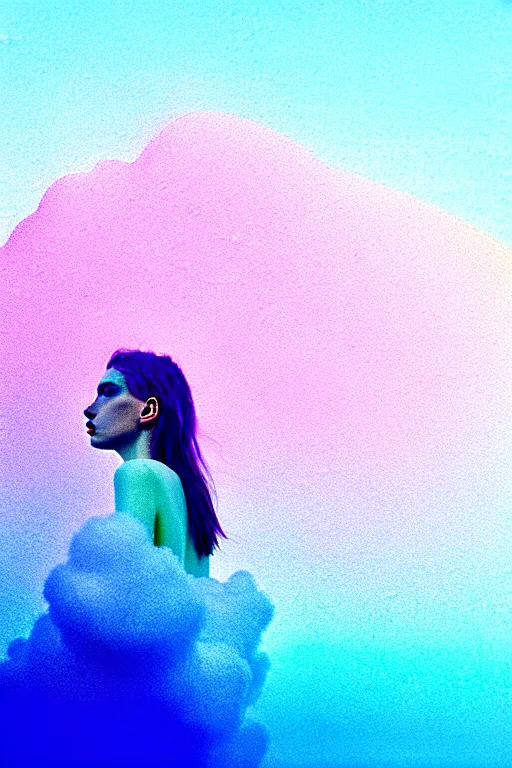 Image similar to high quality pastel coloured film close up wide angle photograph of a model wearing clothing swimming on cloud furniture in a icelandic black rock!! environment in a partially haze filled dreamstate world. three point light, rainbow. photographic production. art directed. pastel colours. volumetric clouds. pastel gradient overlay. waves glitch artefacts. extreme facial clarity. 8 k. filmic.