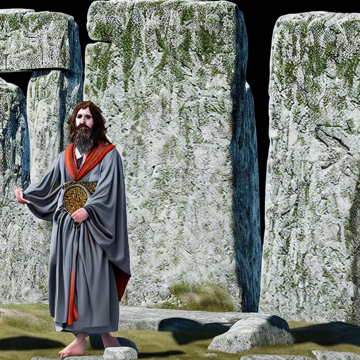 Image similar to photograph of a real-life beautiful druid with ornate robes at stonehenge . Extremely detailed. 8k