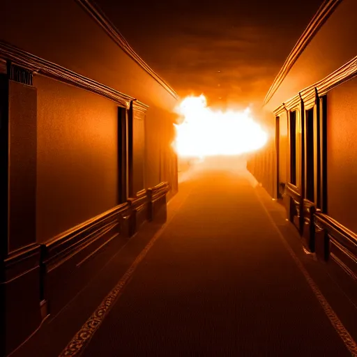 Prompt: dark black flames engulf a hotel hallway, dramatic lighting, long shot, highly realistic.