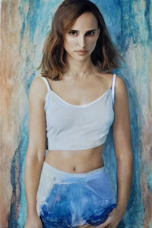 Prompt: 23 year old natalie portman, loose messy hair , thoughtful eyes, wearing a thin white skimpy cotton camisole, pale skin, poised beautiful body, symmetrical face, zen aesthetic, interior design, amber and blue color scheme, sophisticated, pensive, contemplation, meditation, aloof, ethereal, realistic painting