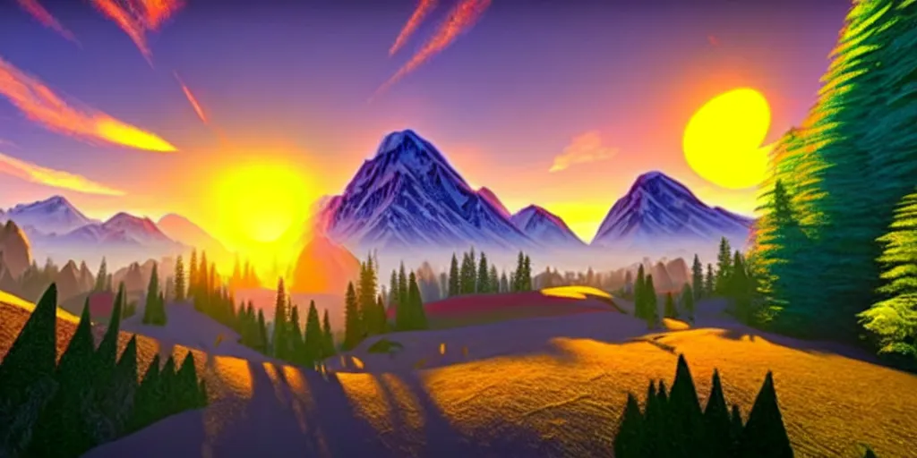 Prompt: a beautiful landscape, sun rises between two mountains, colourful 3 d artwork by bob ross, unreal engine 5, extremely detailed, hyper realism