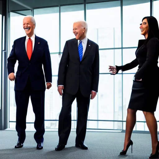 Prompt: stock photo of kim kardashian, joe biden, and bill gates wearing suits and ties laughing in an office building, 8k resolution, full HD, cinematic lighting, award winning, anatomically correct