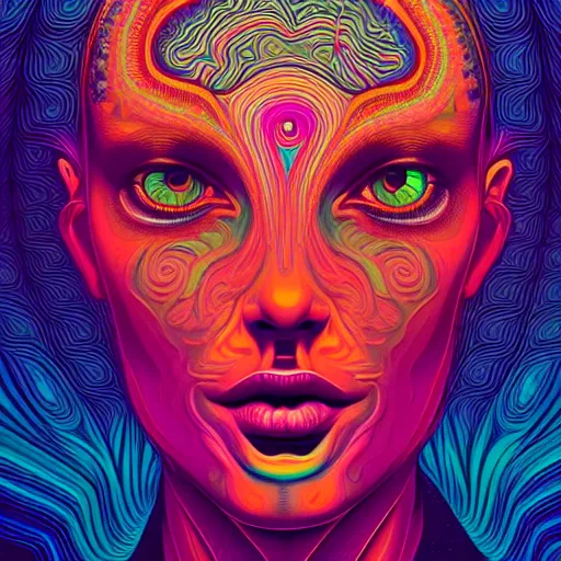 Image similar to An extremely psychedelic portrait, surreal, LSD, face, detailed, intricate, elegant, lithe, highly detailed, digital painting, artstation, concept art, smooth, sharp focus, illustration, art by Kilian Eng