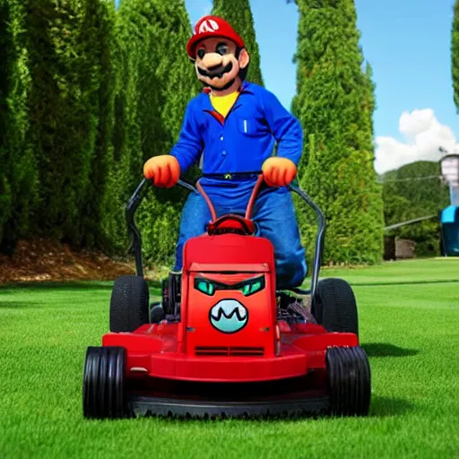 Prompt: super mario operating a lawnmower