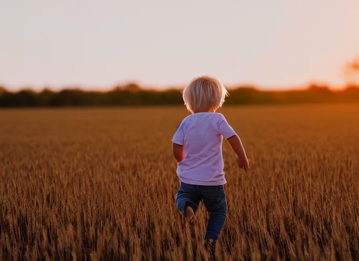 Prompt: a blond toddler seen from the back, running in a wheat field in the warm sunset light, beautifully lit, grainy art photograph
