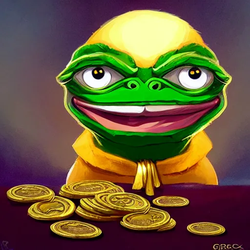 Image similar to super rich happy pepe, coins, gold, crystals, greg rutkowski