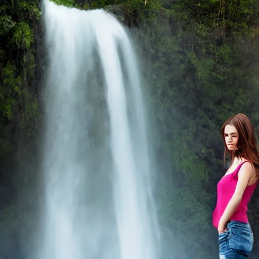 Prompt: beautiful girl, standing in waterfall, portrait, realistic, 4k, art, sofr lightning