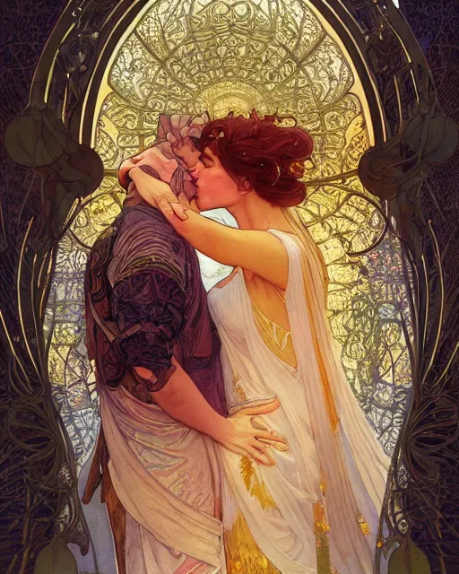 Prompt: the kiss | highly detailed | very intricate | art nouveau | gold filigree | romantic storybook fantasy | soft cinematic lighting | award - winning | watercolor illustration by mandy jurgens and alphonse mucha and alena aenami | pastel color palette | featured on artstation