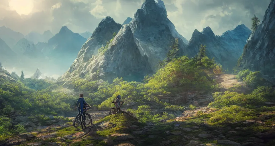 Image similar to An epic fantasy anime style landscape painting of a Mountainrange, with a Mountainbiker and a blue umbrella, unreal 5, DAZ, hyperrealistic, octane render, dynamic lighting