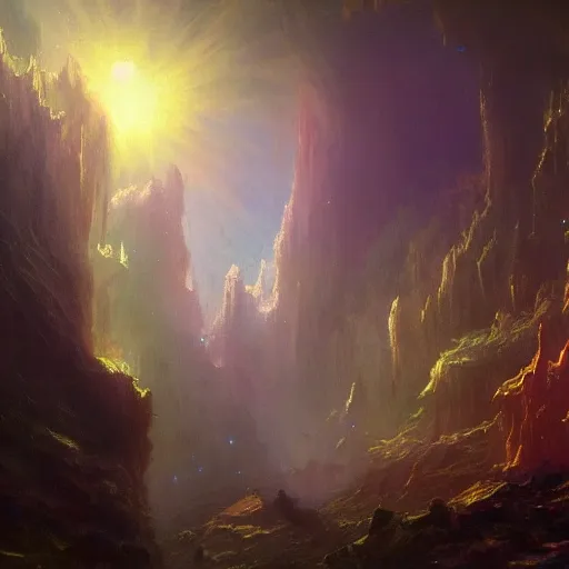 Prompt: glowing crystal cavern painting in the style of Albert Bierstadt, HD wallpaper, concept art, trending on art station