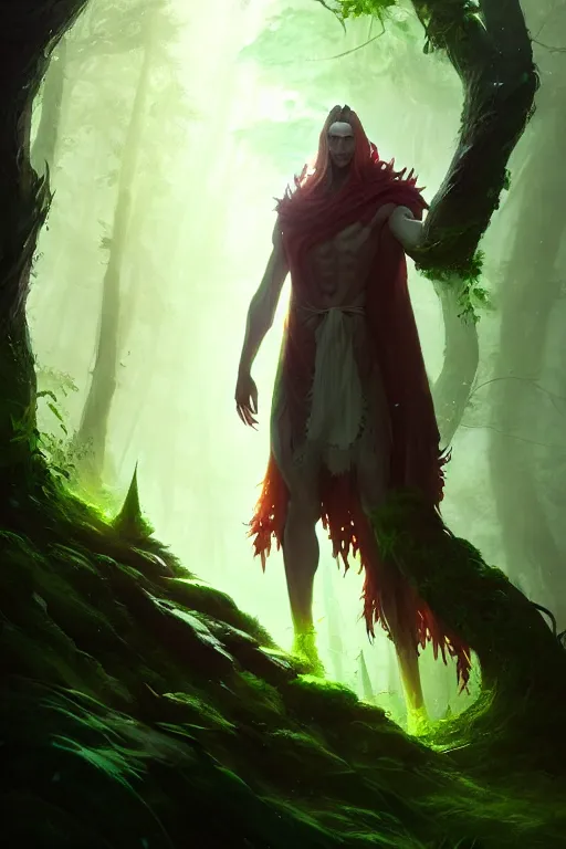 Image similar to a nature elemental wizard, forest background, colorful magic, male, epic, white skin, young, sharp, concept art, digital art, dynamic lighting, unreal engine, octane, in the styles of greg rutkowski and svetlin velinov