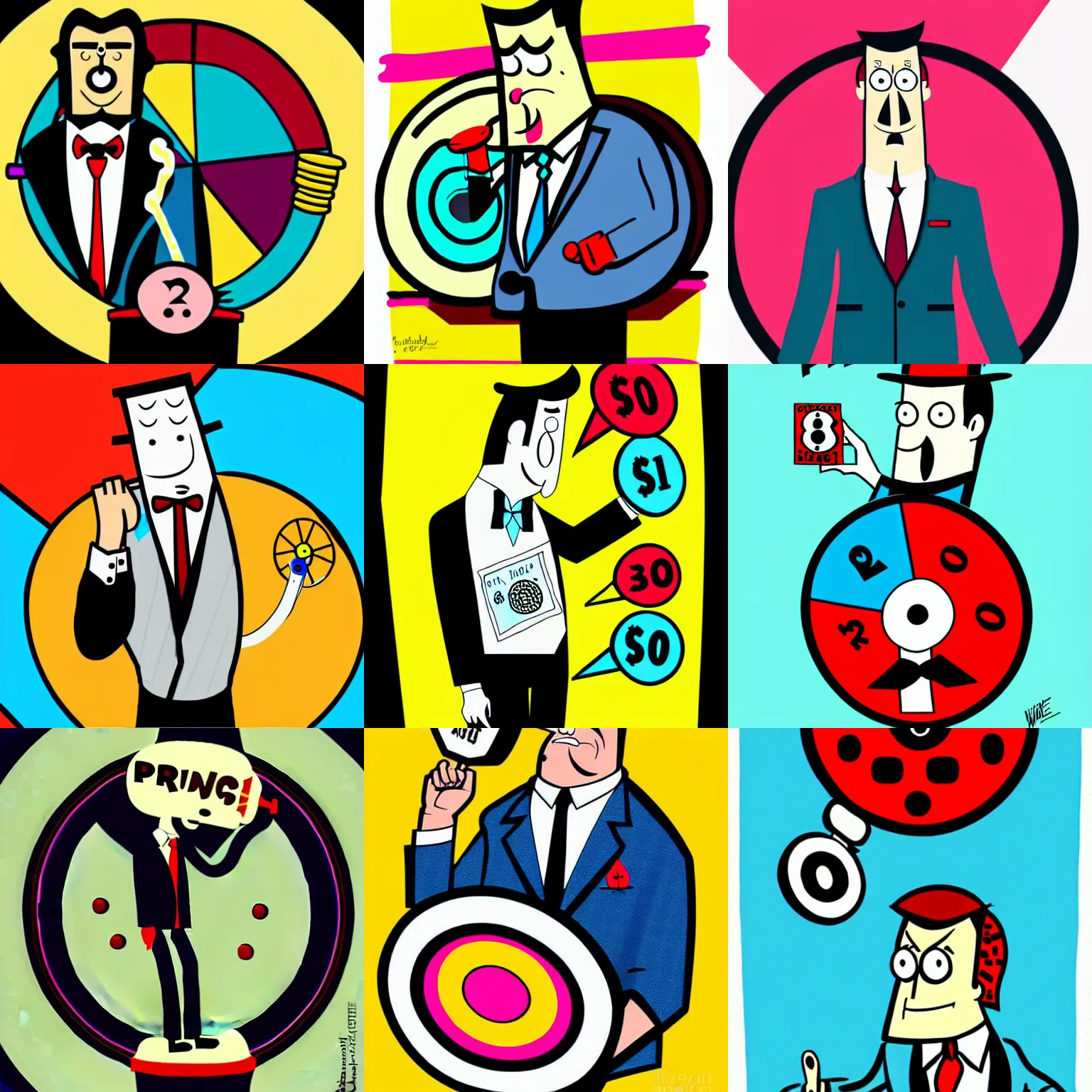 Prompt: well dressed man spinning price is right wheel, cartoon, ilustration, artwork, style of adult swim