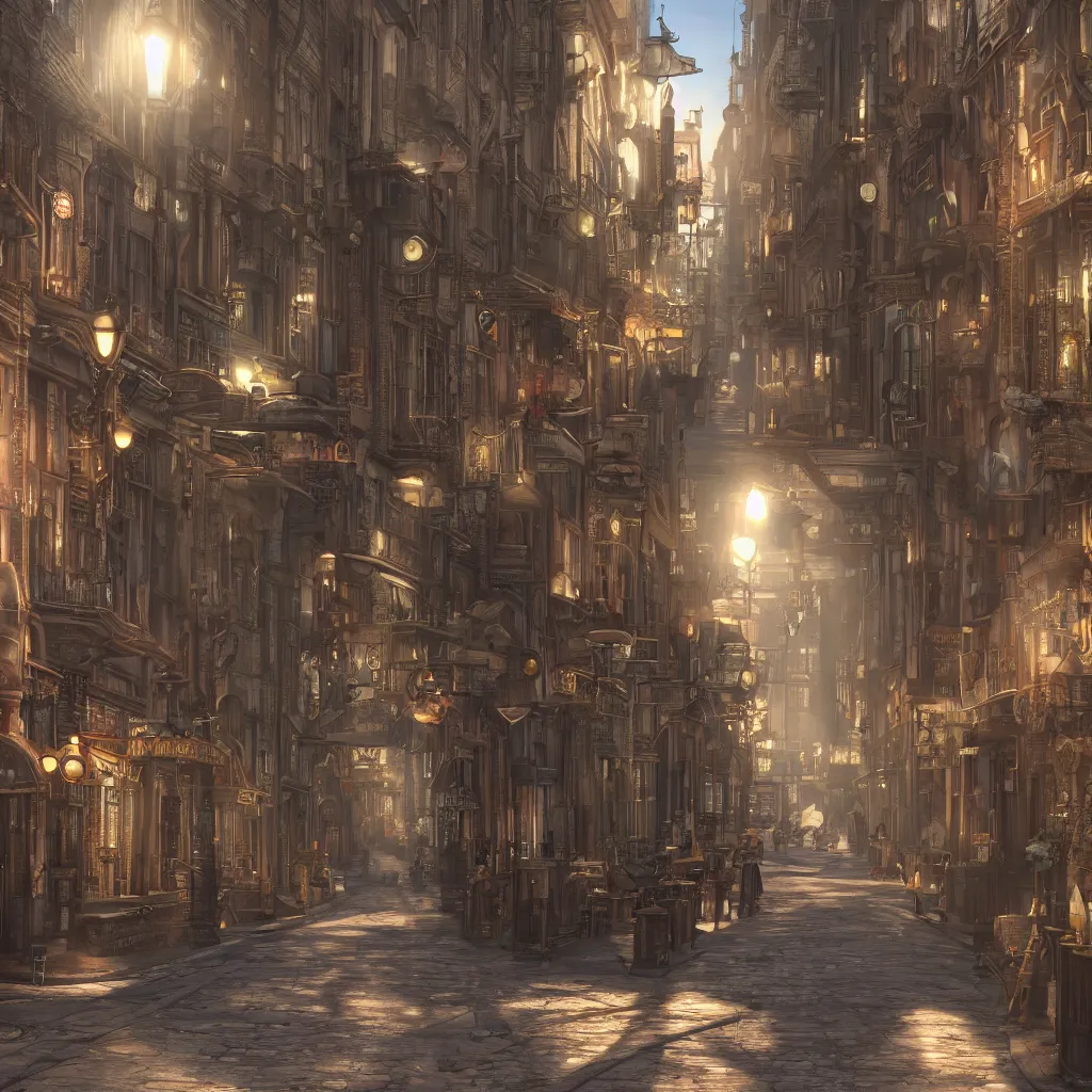 Image similar to photorealistic steampunk city streets. daylight. sunlight. lens flare. light fixtures. 8K. detailed. photorealism. artstation. 25mm f/1.7 ASPH Lens. ultra realistic