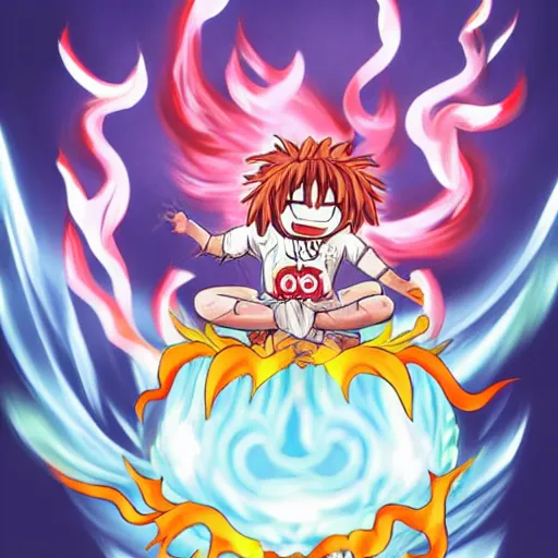 Prompt: fluffy exploding popcorn elemental spirit, in the style of a manga character, with a smiling face and flames for hair, sitting on a lotus flower, white background, simple, clean composition, symmetrical