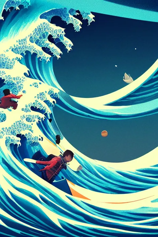 Prompt: a beautiful digital painting of an astronaut surfing the great wave off kanagawa on a surboard by greg rutkowski, trending on artstation, highly detailed, intricate, unreal engine, octane render, photorealistic