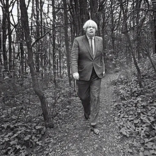 Prompt: found footage of boris johnson lost in the forest, last known photo, 1980s, eerie