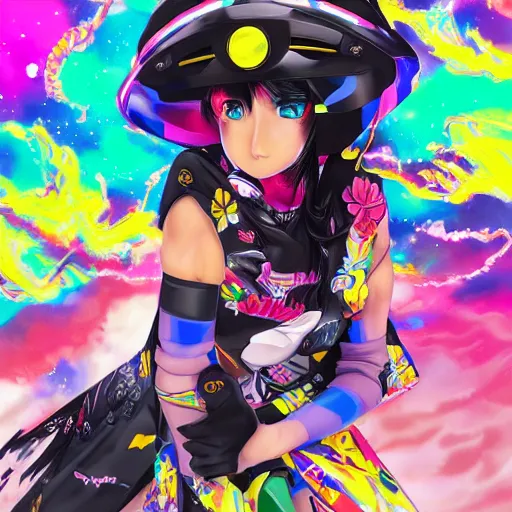 Image similar to : extremely beautiful photo of a black marble statue of an anime girl with colorful skateboard logos all over and helmet with closed visor, colorful hyperbolic background, fine art, neon genesis evangelion, offwhite, denoise, highly detailed, 8 k, hyperreal