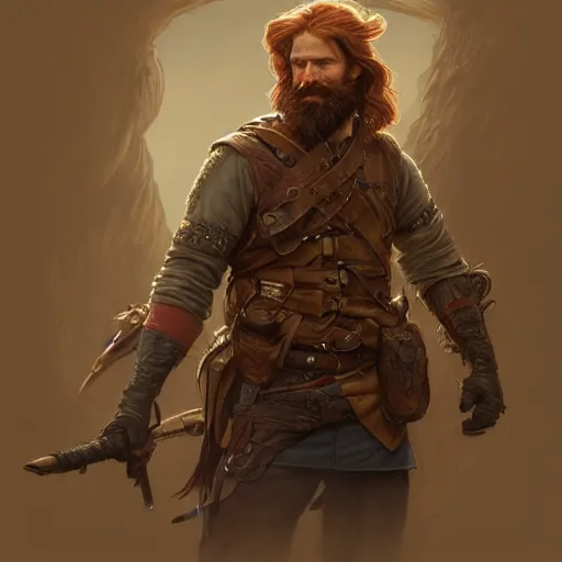 Prompt: portrait of a rugged ranger, 35 years old, beard, male, masculine, upper body, red hair, long hair, soft hair, D&D, fantasy, intricate, elegant, highly detailed, digital painting, artstation, concept art, matte, sharp focus, illustration, art by Artgerm and Greg Rutkowski and Alphonse Mucha