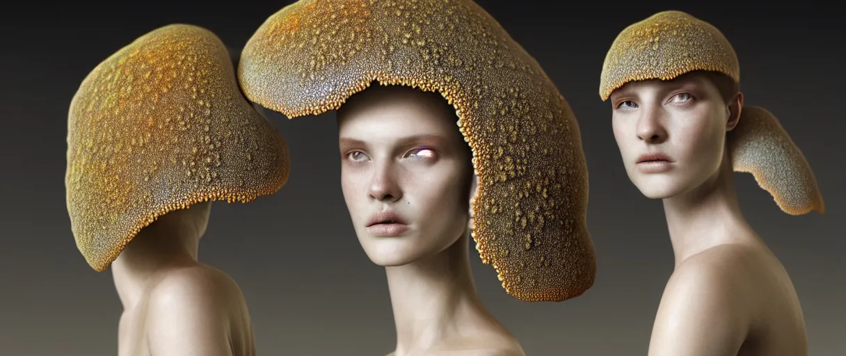 Image similar to hyperrealist highly detailed english medieval portrait of high fashion model wearing fungal fungus fungal growpth mycelia mycel mycelia funal spores spores mycel network armor, lopsided obscure body shape, radiating atomic neon corals, concept art pascal blanche dramatic studio lighting 8k wide angle shallow depth of field