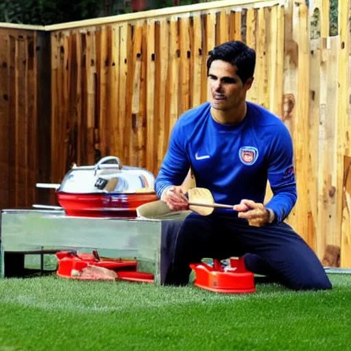 Image similar to mikel arteta preparing a barbeque,