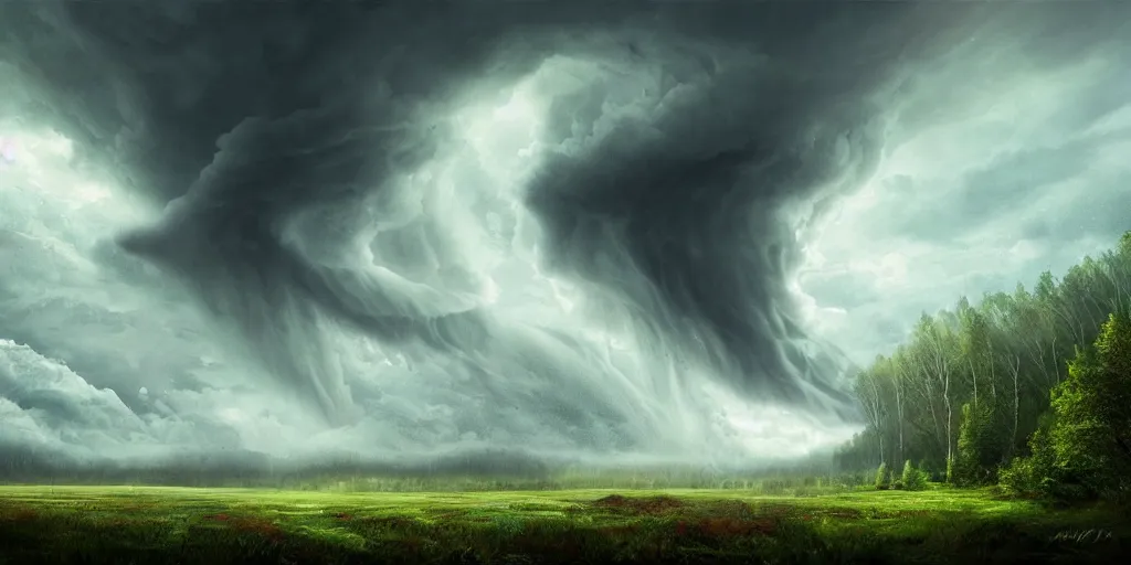 Image similar to A tornado in a beautiful scenic landscape, nature, trees, wide angle, super highly detailed, professional digital painting, artstation, concept art, smooth, sharp focus, no blur, no dof, extreme illustration, Unreal Engine 5, Photorealism, HD quality, 8k resolution, cinema 4d, 3D, beautiful, cinematic, art by artgerm and greg rutkowski and alphonse mucha and loish and WLOP