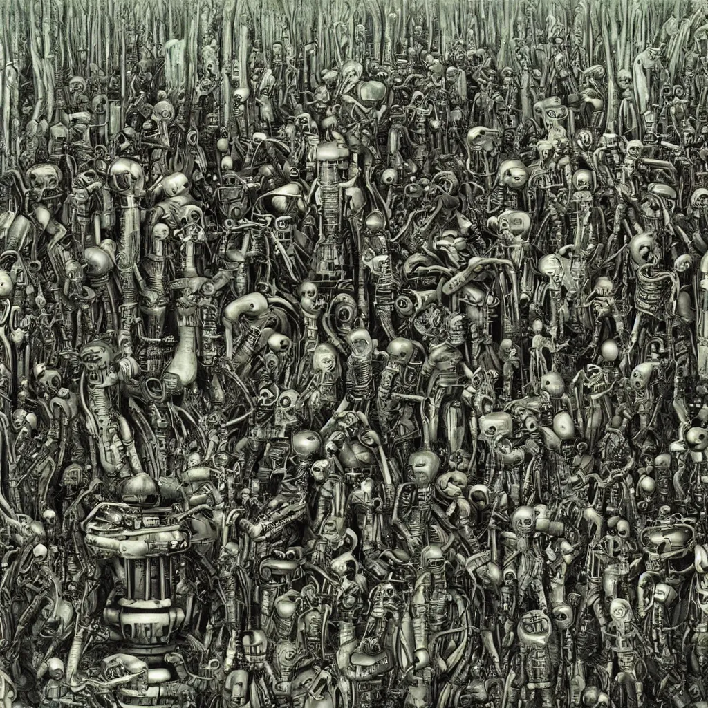 Prompt: 10000 robots fighting in forest H.R. Giger