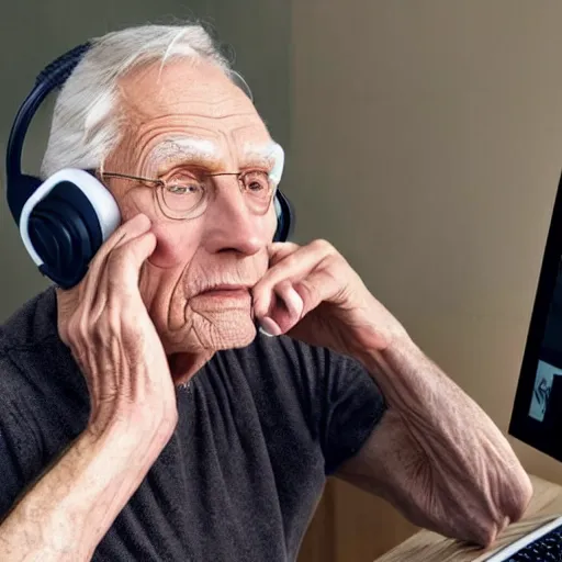 Image similar to A colored colorized real screenshot of Jerma985 as an elderly guy streaming on his computer while wearing headphones, taken in the early 2020s, taken on a 2010s Camera, realistic, hyperrealistic, very realistic, very very realistic, highly detailed, very detailed, extremely detailed, detailed, digital art, trending on artstation, headshot and bodyshot, detailed face, very detailed face, very detailed face, real, real world, in real life, realism, HD Quality, 8k resolution, intricate details, colorized photograph, colorized photon, body and headshot, body and head in view