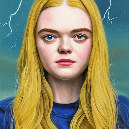 Image similar to professional painting of Elle Fanning in the style of Kingdom Come by Mark Waid, head and shoulders portrait, symmetrical facial features, smooth, sharp focus, illustration, intricate, stormy weather, extremely detailed masterpiece,