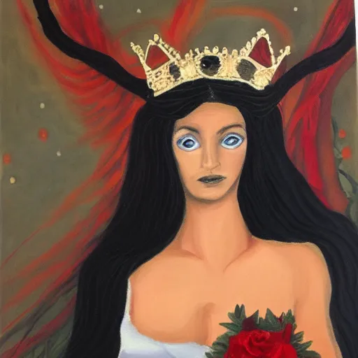 Image similar to Persephone, queen of the underworld, oil on canvas