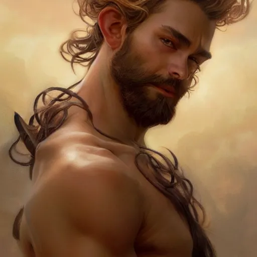 Image similar to portrait of a heavenly god, male, masculine, beard, full body, muscular, fantasy, intricate, elegant, dramatic lighting, highly detailed, digital painting, artstation, concept art, matte, sharp focus, illustration, art by artgerm and greg rutkowski and alphonse mucha