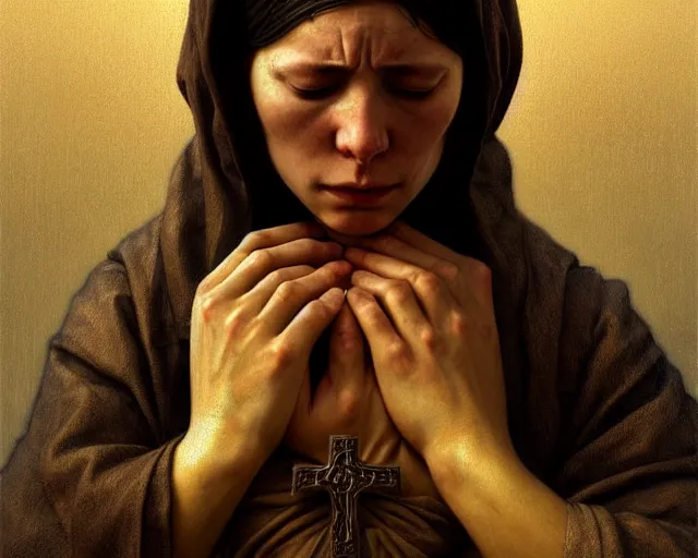 Prompt: poor hungry woman praying to a cross and crying, emotional sad painting, very poor, hungry, medieval peasants, fantasy, cruel, dramatic lighting, intricate, wild, highly detailed, digital painting, artstation, concept art, smooth, sharp focus, illustration, art by artgerm and greg rutkowski and alphonse mucha