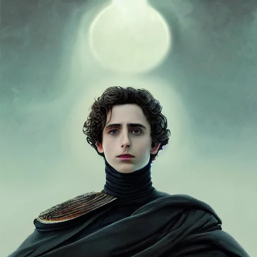 Image similar to realistic paul atreides emperor of the known universe, perfect dramatic and dark portrait by rabbitary b, trending on artstation, deviantart, dune, low angle oil painting and composition laws, dark foggy background, timothee chalamet but he is older, denis villeneuve cinematography